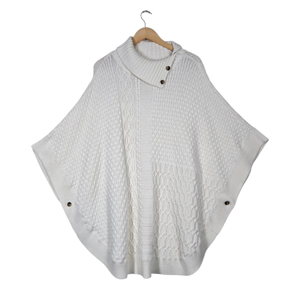 Talbots Cable Knit Poncho 2X 3X Ivory Cowl Neck Button Classic Layering